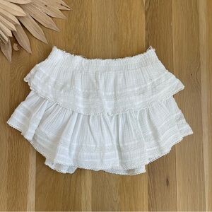 LoveShackFancy White Tiered Ruffled Textured Gauze Slubbed Cotton Mini Skirt